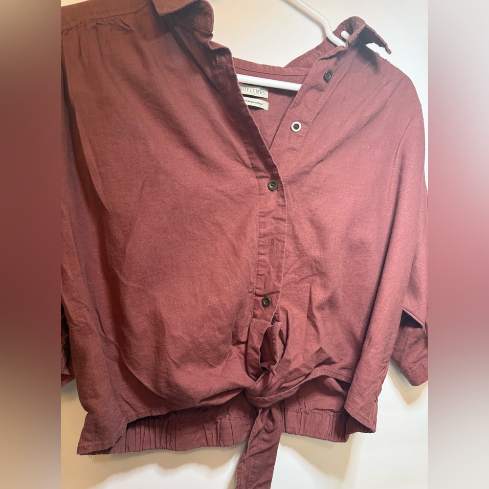 Urban Outfitters Rust Brown Cropped Elastic Waist Button-Up Top Linen Blend